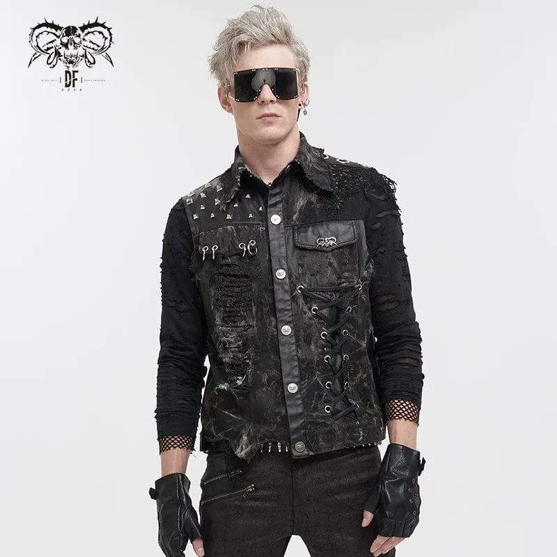 Gothic Mesh Splice Rivet Distressed Weste für Herren