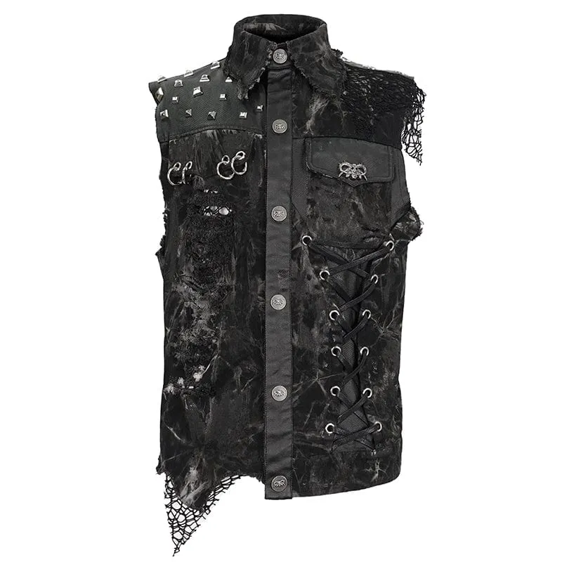Gothic Mesh Splice Rivet Distressed Weste für Herren