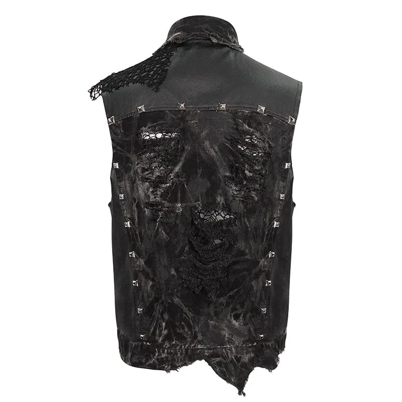 Gothic Mesh Splice Rivet Distressed Weste für Herren