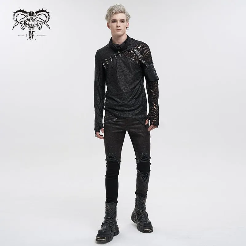 Herren Gothic Rollkragen Mesh Splice Unregelmäßiges Hemd