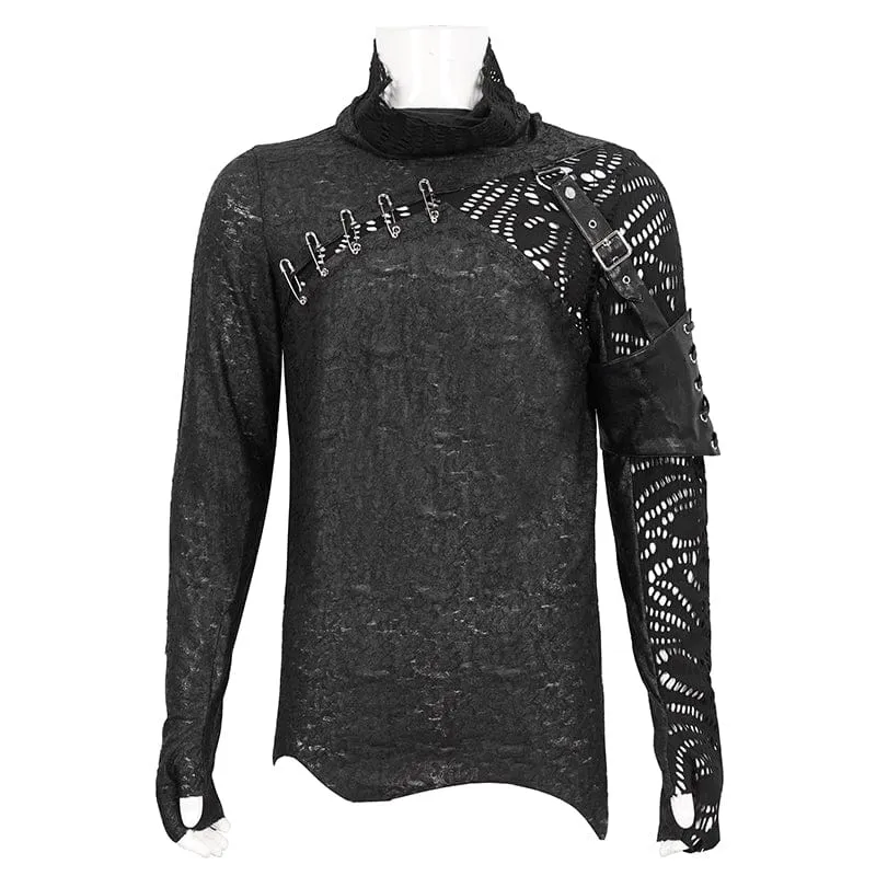 Herren Gothic Rollkragen Mesh Splice Unregelmäßiges Hemd