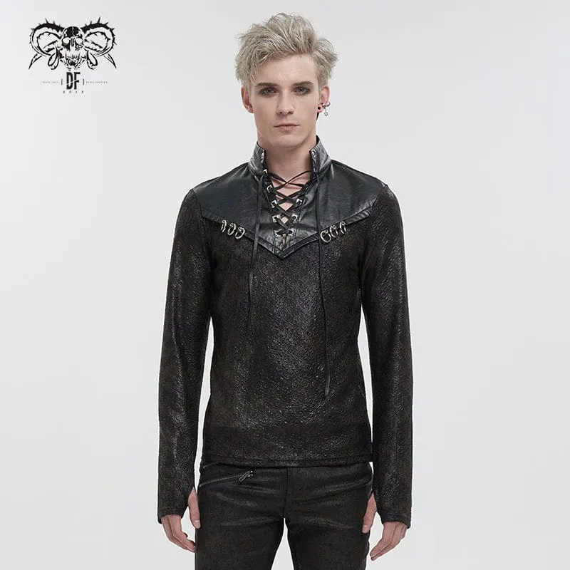 Herren Gothic Riemchen Stehkragen Kunstleder Spleißhemd
