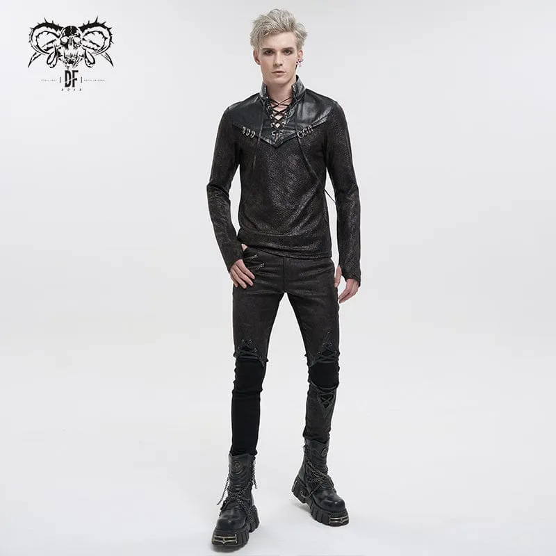 Herren Gothic Riemchen Stehkragen Kunstleder Spleißhemd