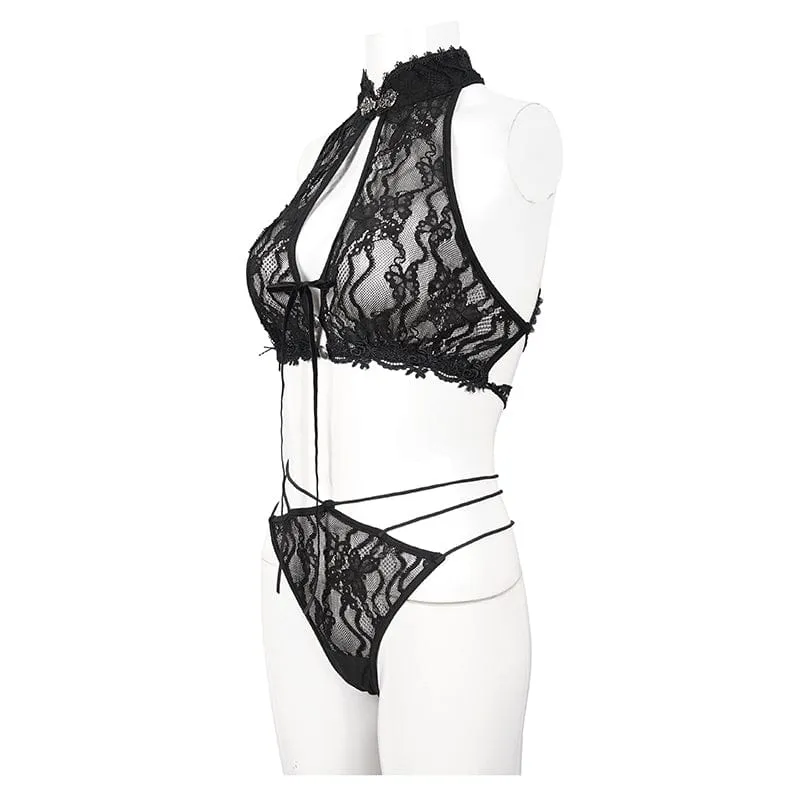 Gothic Neckholder-Spitzen-BH-Dessous-Set für Damen