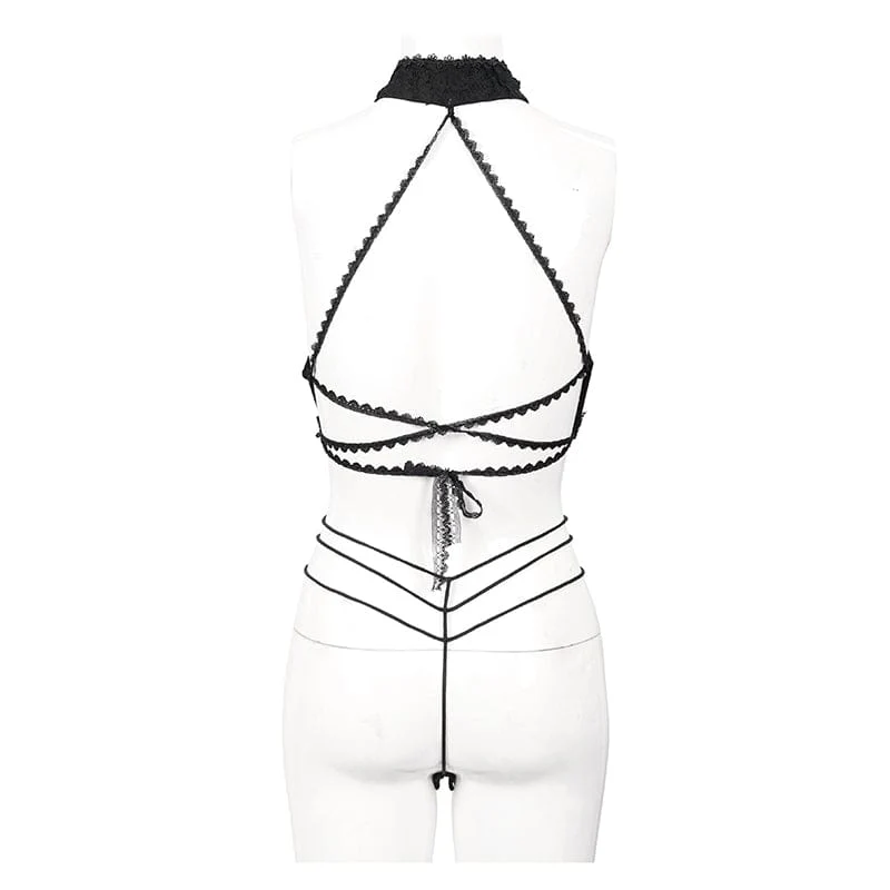 Gothic Neckholder-Spitzen-BH-Dessous-Set für Damen