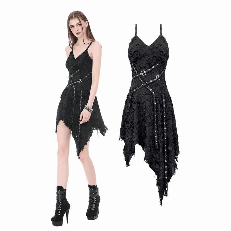 Punk-Slipkleid für Damen mit Ösenriemen und asymmetrischem Saum