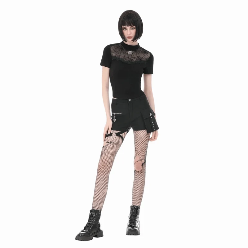 Gothic-T-Shirt für Damen mit Spinnennetz-Motiv und kurzen Ärmeln