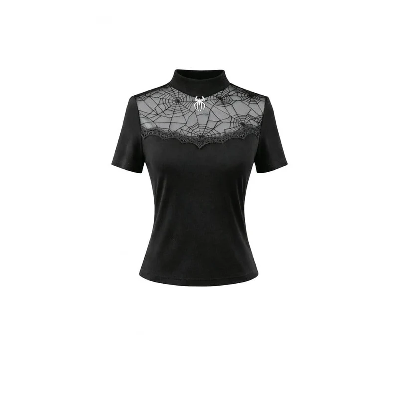 Gothic-T-Shirt für Damen mit Spinnennetz-Motiv und kurzen Ärmeln