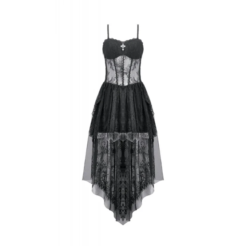 Gothic-Kleid mit Blumenmuster, transparentem Unterkleid und Schleppe für Damen