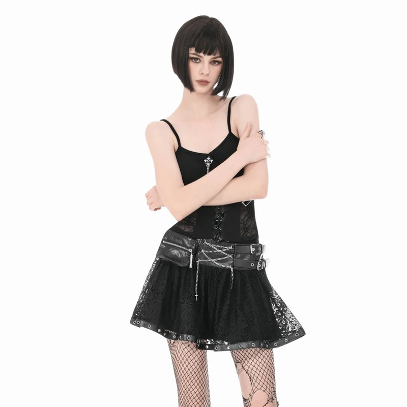 Gothic-Minirock für Damen mit Ösen- und Schnallenriemen sowie Kettenverzierung