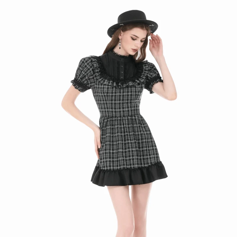 Gothic-Kleid für Damen mit Rüschen, Karomuster und kurzen Ärmeln