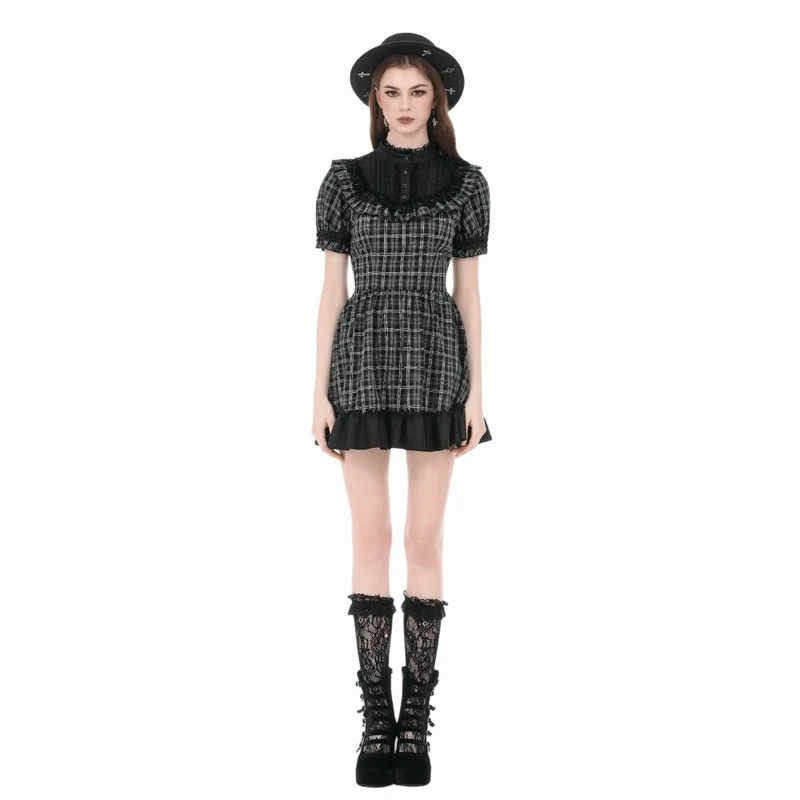 Gothic-Kleid für Damen mit Rüschen, Karomuster und kurzen Ärmeln