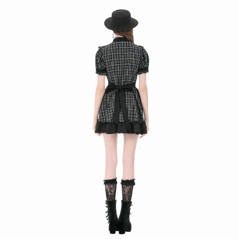 Gothic-Kleid für Damen mit Rüschen, Karomuster und kurzen Ärmeln
