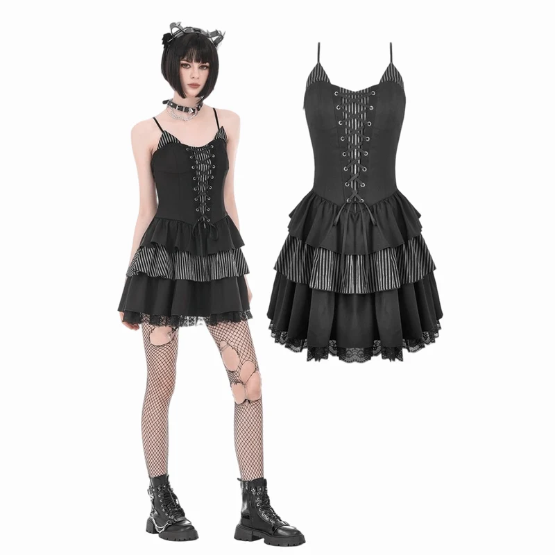 Gothic-Nadelstreifen-Schnürkleid für Damen, Abschlusskleid