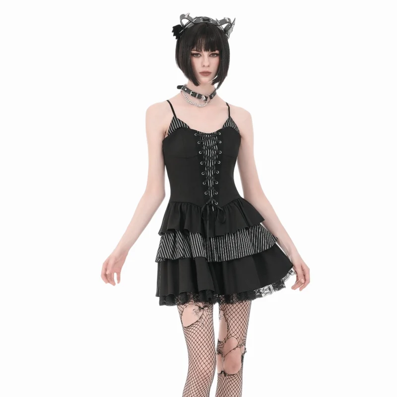Gothic-Nadelstreifen-Schnürkleid für Damen, Abschlusskleid