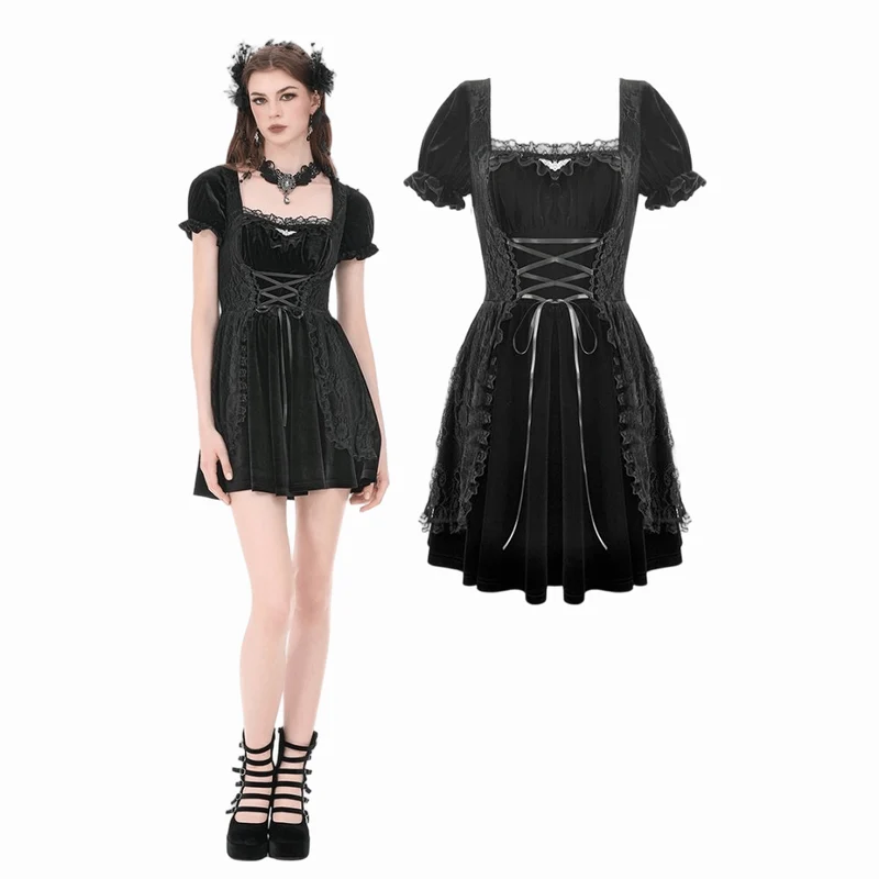 Gothic-Kleid für Damen mit Spitzenbesatz, Schnürung und eckigem Kragen, Abschlusskleid