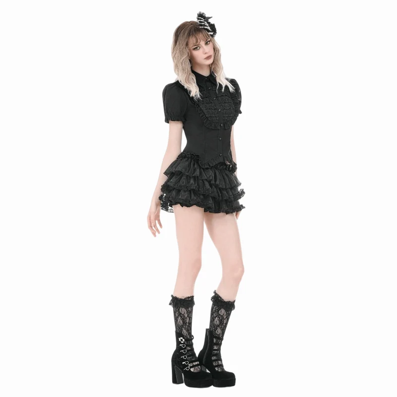 Gothic-Damenbluse mit gerafftem Umlegekragen und Puffärmeln