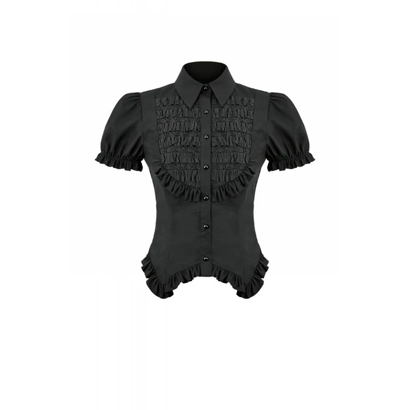 Gothic-Damenbluse mit gerafftem Umlegekragen und Puffärmeln