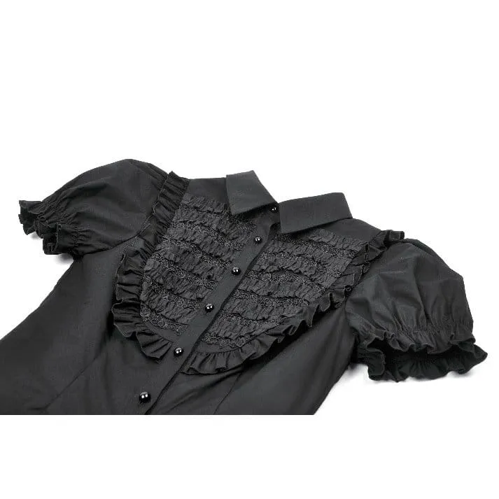 Gothic-Damenbluse mit gerafftem Umlegekragen und Puffärmeln