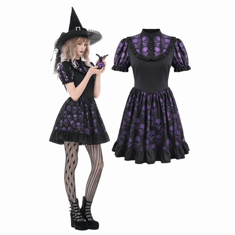 Gothic-Kleid mit Totenkopfprint und kurzen Ärmeln für Damen