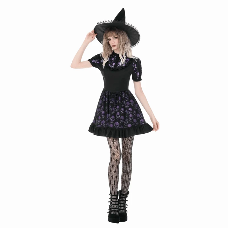 Gothic-Kleid mit Totenkopfprint und kurzen Ärmeln für Damen