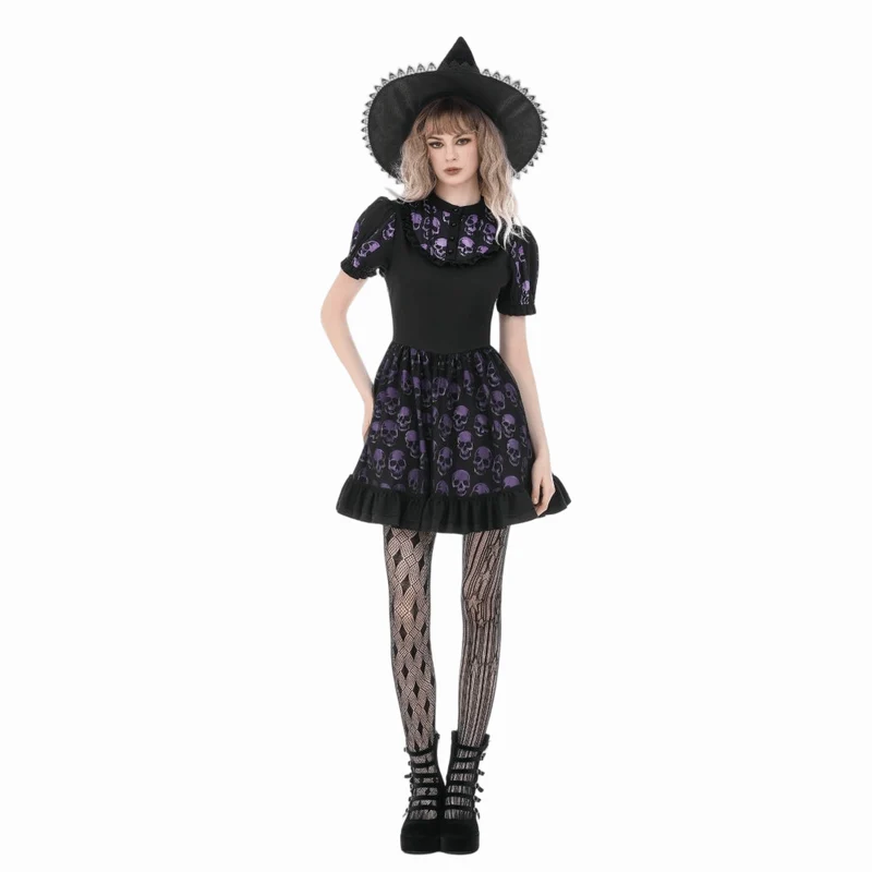 Gothic-Kleid mit Totenkopfprint und kurzen Ärmeln für Damen