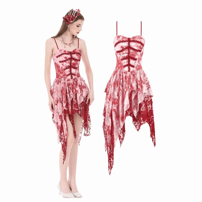 Gothic-Kleid für Damen, asymmetrisch, gestuft, Batikmuster