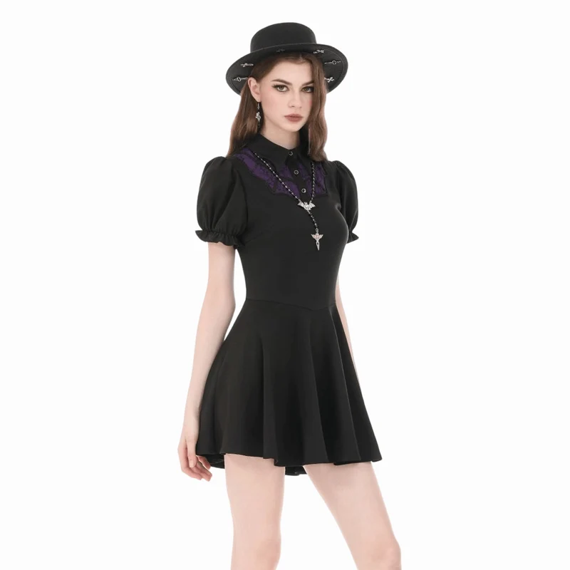 Gothic-Kleid für Damen, zweifarbig, mit Umlegekragen und Puffärmeln