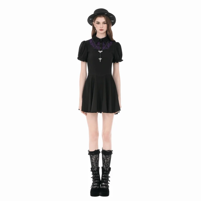 Gothic-Kleid für Damen, zweifarbig, mit Umlegekragen und Puffärmeln