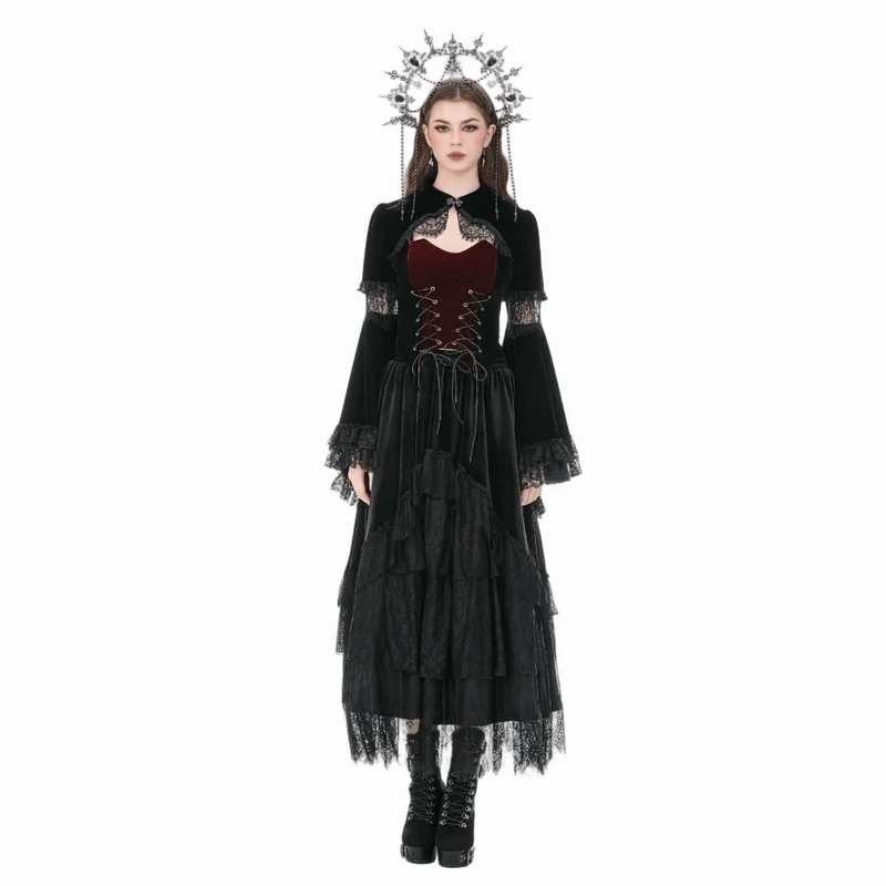 Gothic-Umhang aus Samt für Damen mit Spitzeneinsatz, ausgestellten Ärmeln.