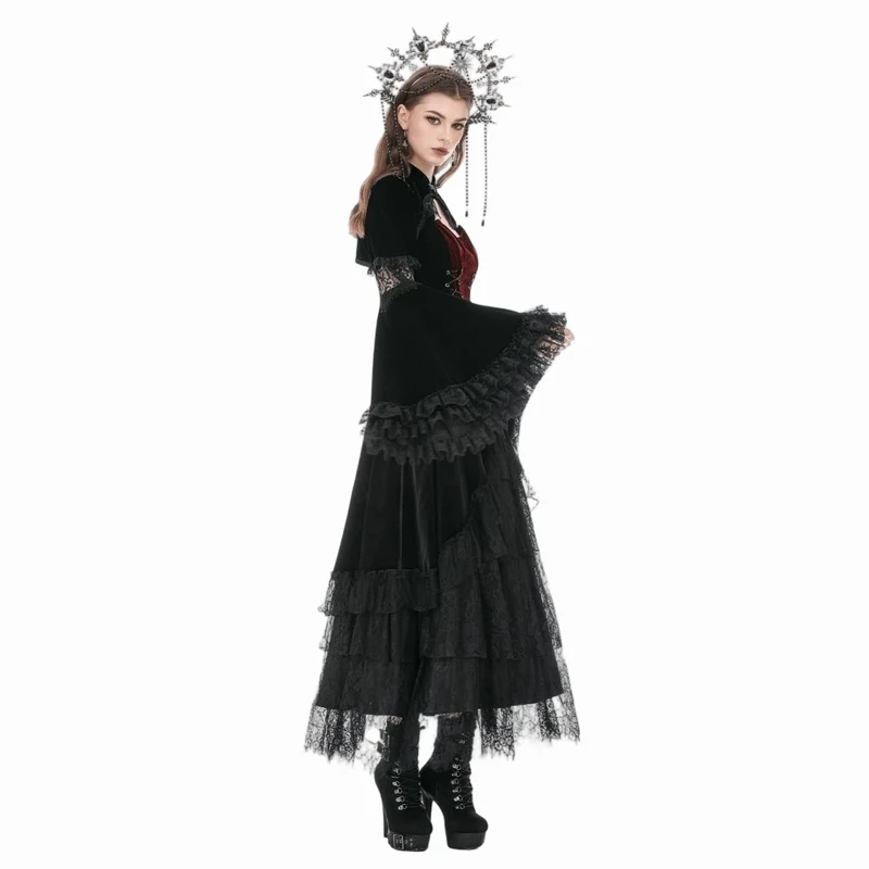 Gothic-Umhang aus Samt für Damen mit Spitzeneinsatz, ausgestellten Ärmeln.