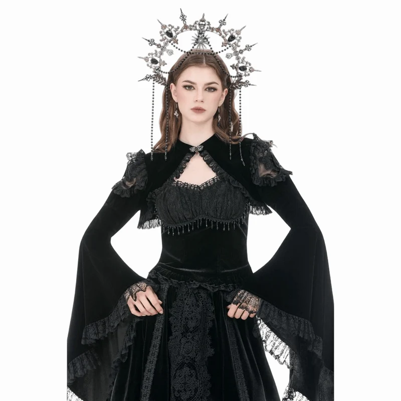 Gothic-Umhang für Damen aus Samt mit floralem Mesh-Einsatz, Rüschenärmeln und ausgestelltem Rock