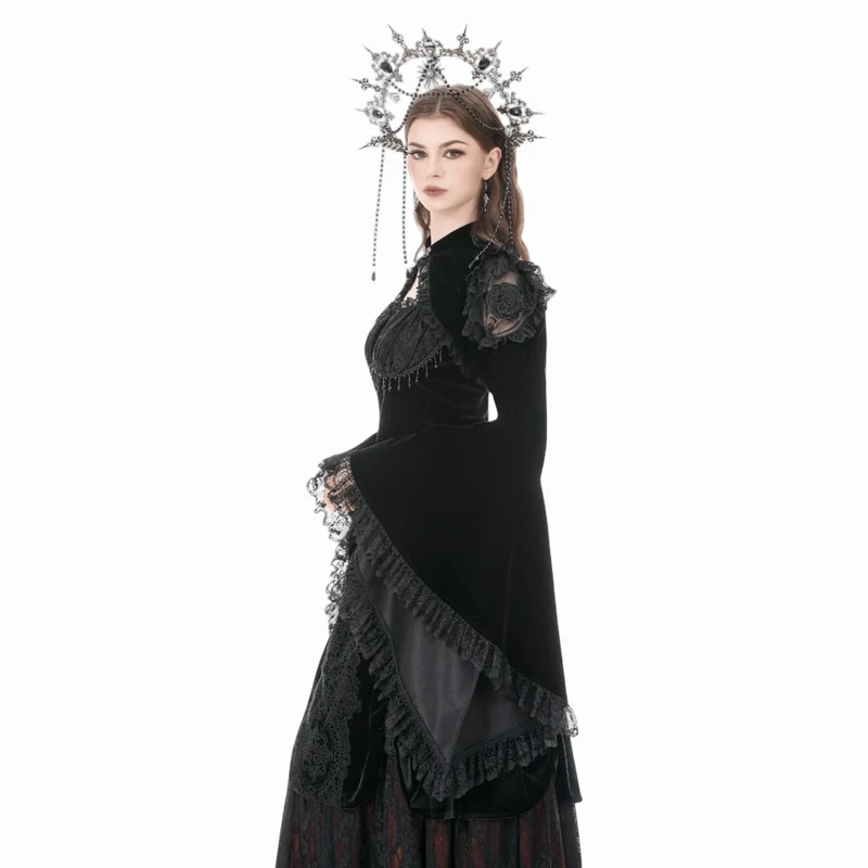 Gothic-Umhang für Damen aus Samt mit floralem Mesh-Einsatz, Rüschenärmeln und ausgestelltem Rock