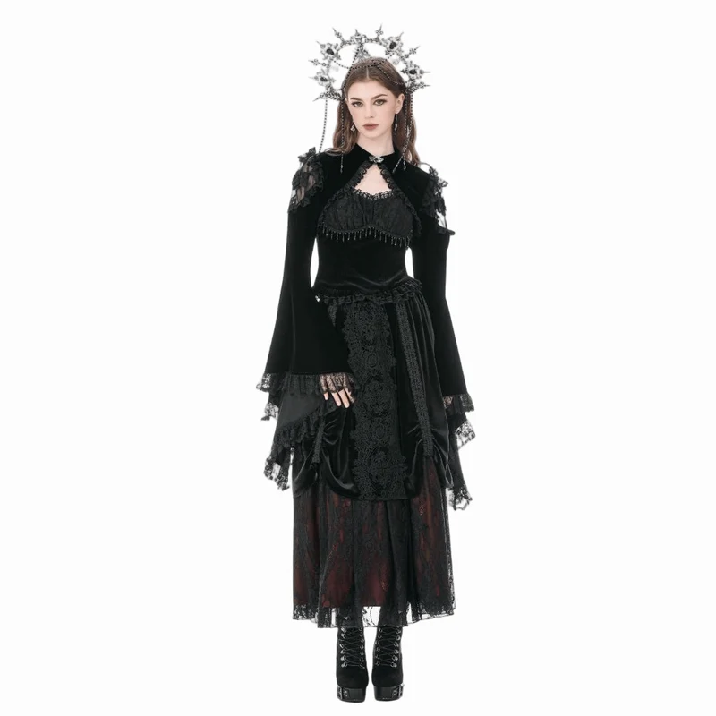 Gothic-Umhang für Damen aus Samt mit floralem Mesh-Einsatz, Rüschenärmeln und ausgestelltem Rock