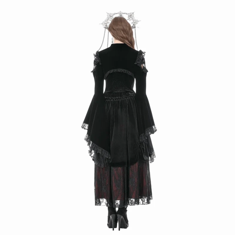 Gothic-Umhang für Damen aus Samt mit floralem Mesh-Einsatz, Rüschenärmeln und ausgestelltem Rock