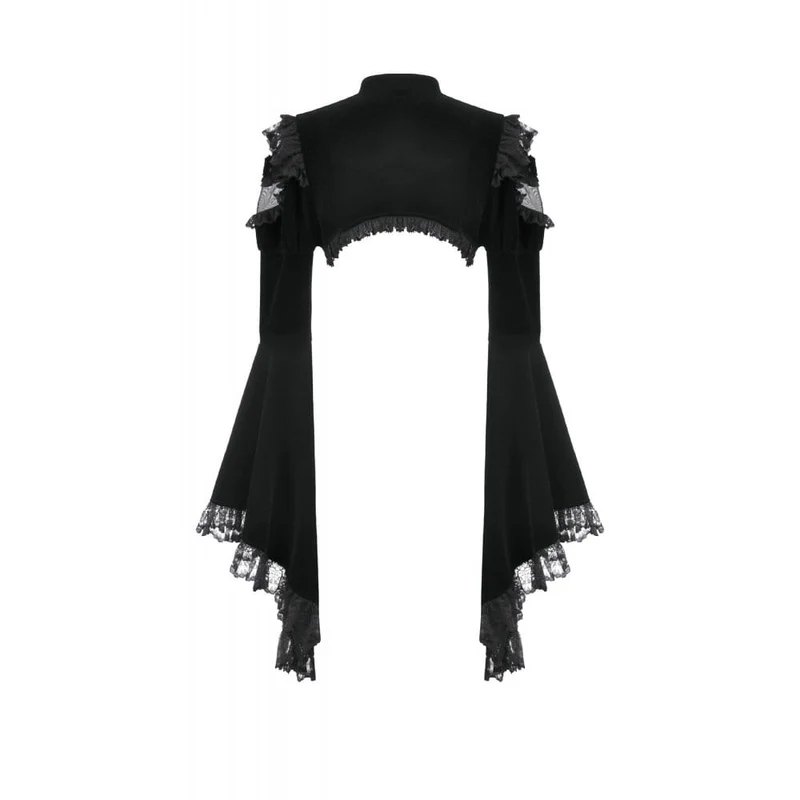 Gothic-Umhang für Damen aus Samt mit floralem Mesh-Einsatz, Rüschenärmeln und ausgestelltem Rock