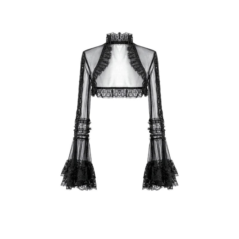 Gothic-Umhang für Damen mit Rüschen, hohem Kragen, ausgestellten Ärmeln und Netzstoff