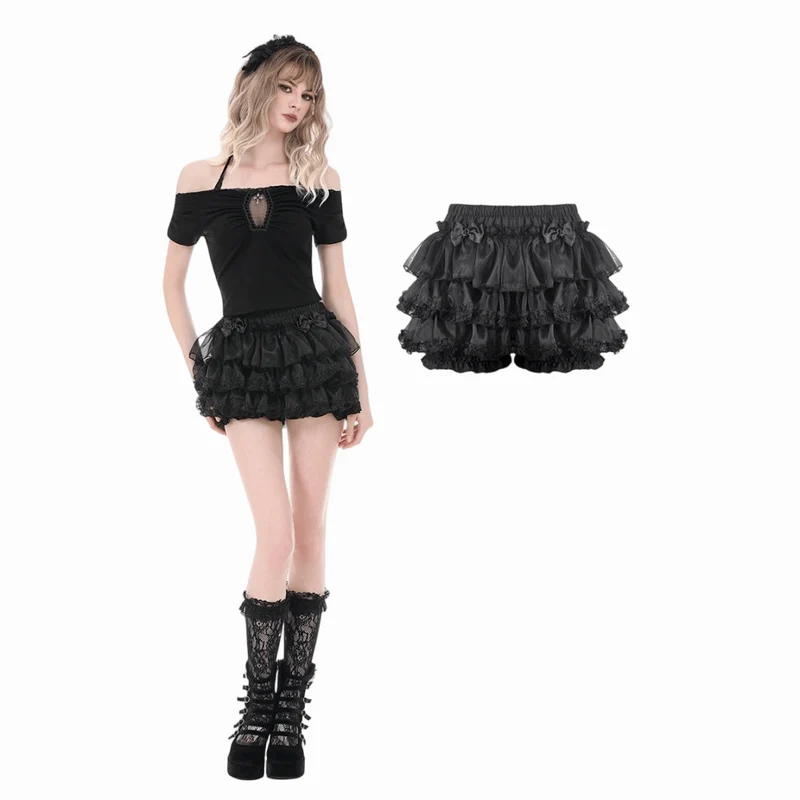 Gothic-Shorts für Damen mit Schleife, Spitzenbesatz und Stufenrock