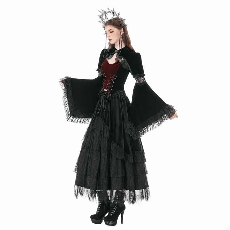 Gothic-Samtrock für Damen, mehrlagig, mit Spitzeneinsatz und Rüschen