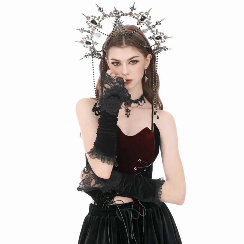 Gothic-Armstulpen aus Samt mit Blumenmuster und Schnürung für Damen
