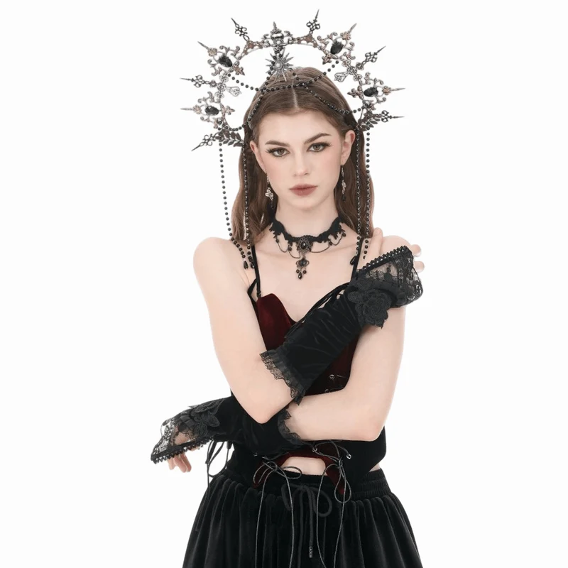 Gothic-Armstulpen aus Samt mit Blumenmuster und Schnürung für Damen