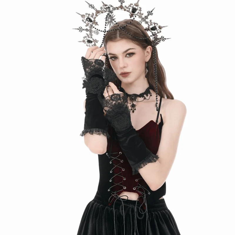 Gothic-Armstulpen aus Samt mit Blumenmuster und Schnürung für Damen