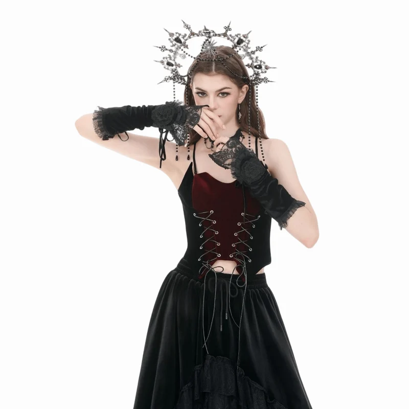 Gothic-Armstulpen aus Samt mit Blumenmuster und Schnürung für Damen