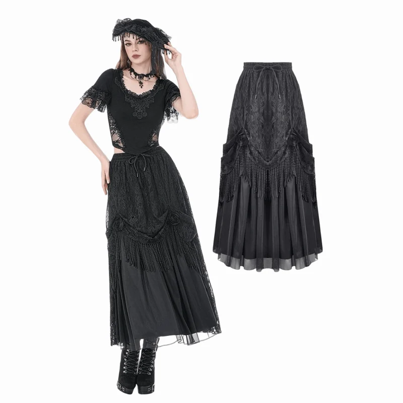 Gothic-Maxirock mit Rosenquasten für Damen, mehrlagig