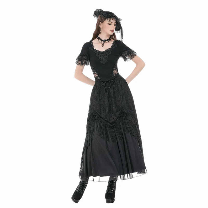 Gothic-Maxirock mit Rosenquasten für Damen, mehrlagig