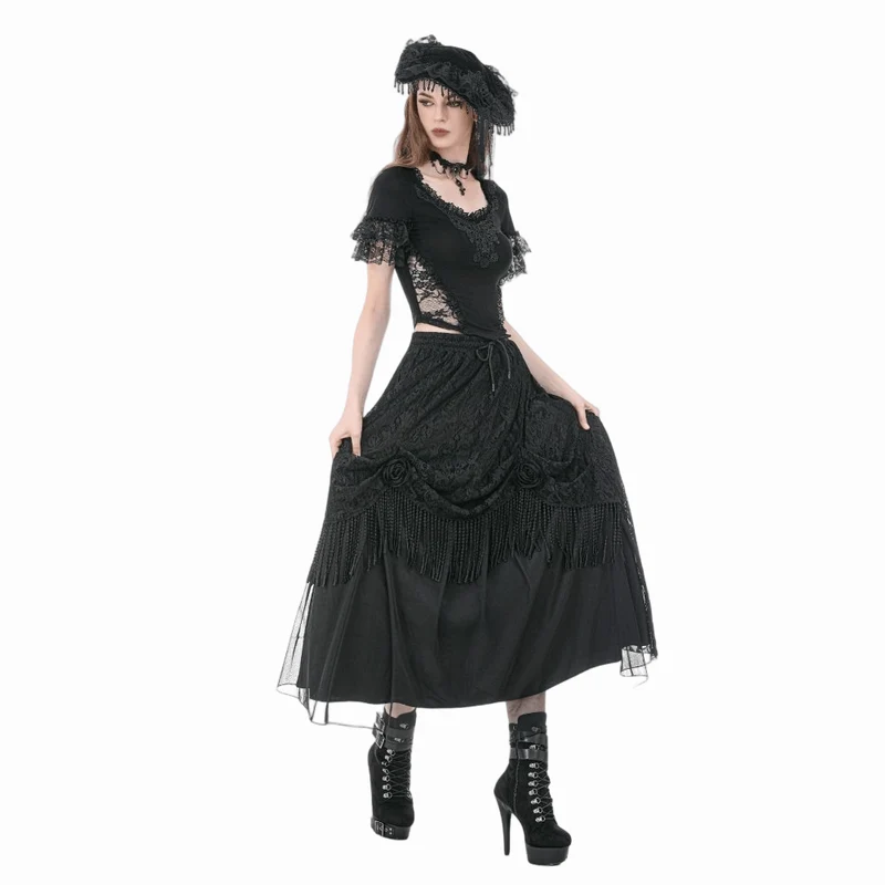 Gothic-Maxirock mit Rosenquasten für Damen, mehrlagig