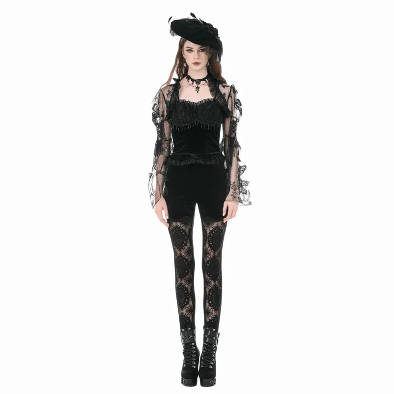 Gothic-Leggings für Damen mit bestickter, transparenter Spitze und Patchwork-Details