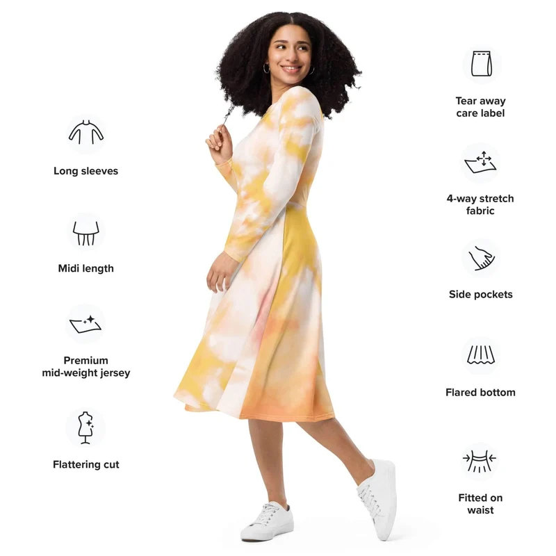 Charming Tie-Dye Midi Dress with Long Sleeves – A Splash of Color for Your Wardrobe!