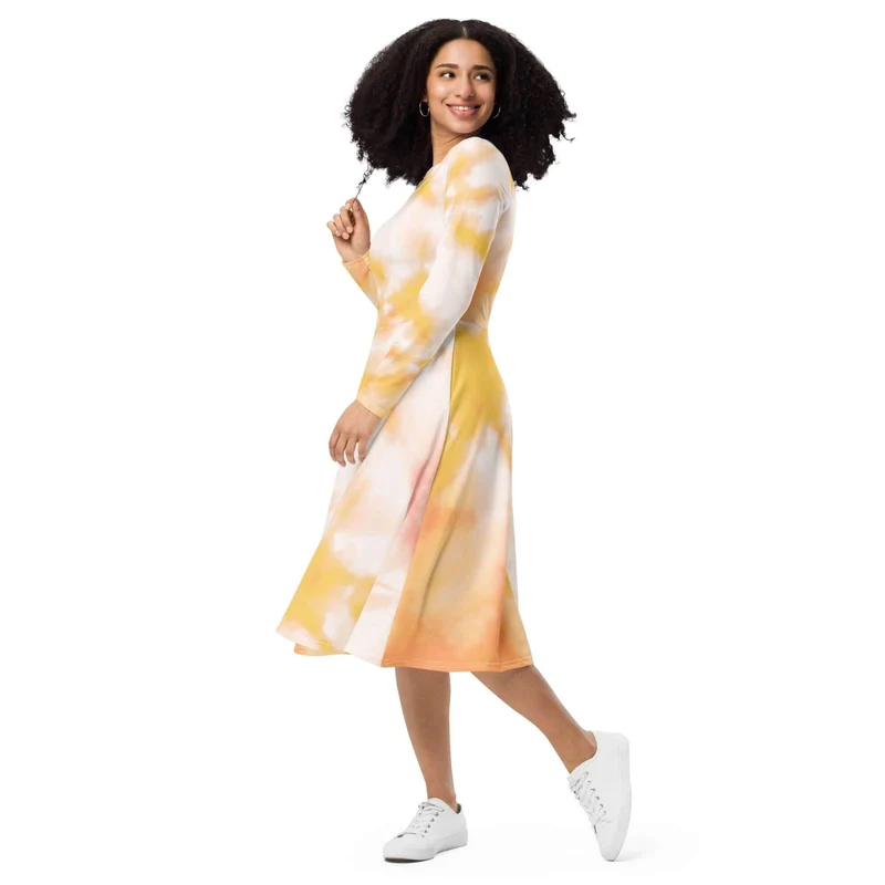 Charming Tie-Dye Midi Dress with Long Sleeves – A Splash of Color for Your Wardrobe!