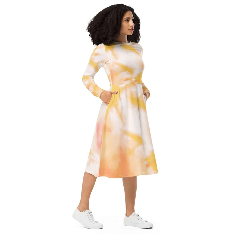 Charming Tie-Dye Midi Dress with Long Sleeves – A Splash of Color for Your Wardrobe!